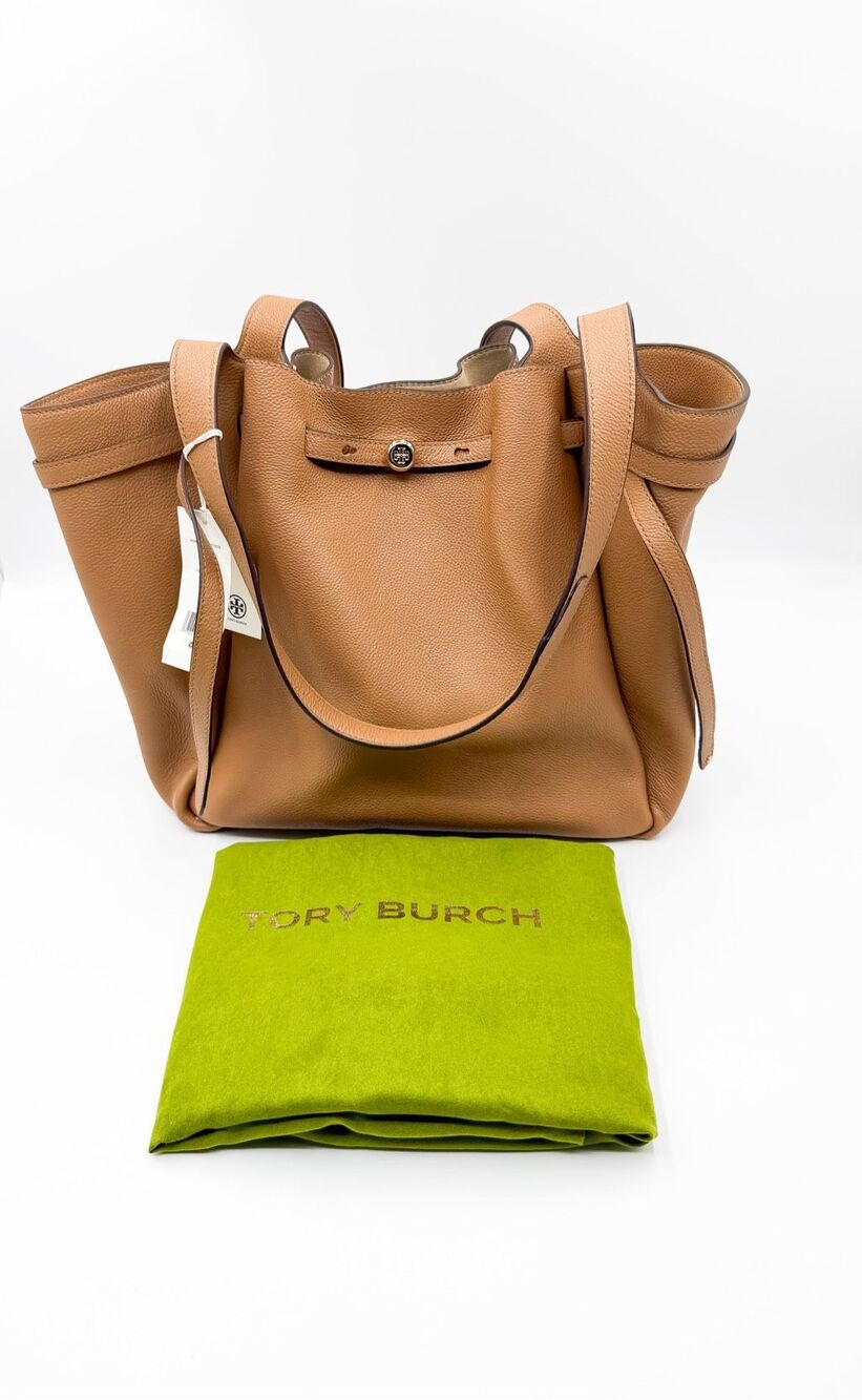 Tory Burch Romy Pebbled Leather Tote Bag Purse Tiramisu Tan NWT